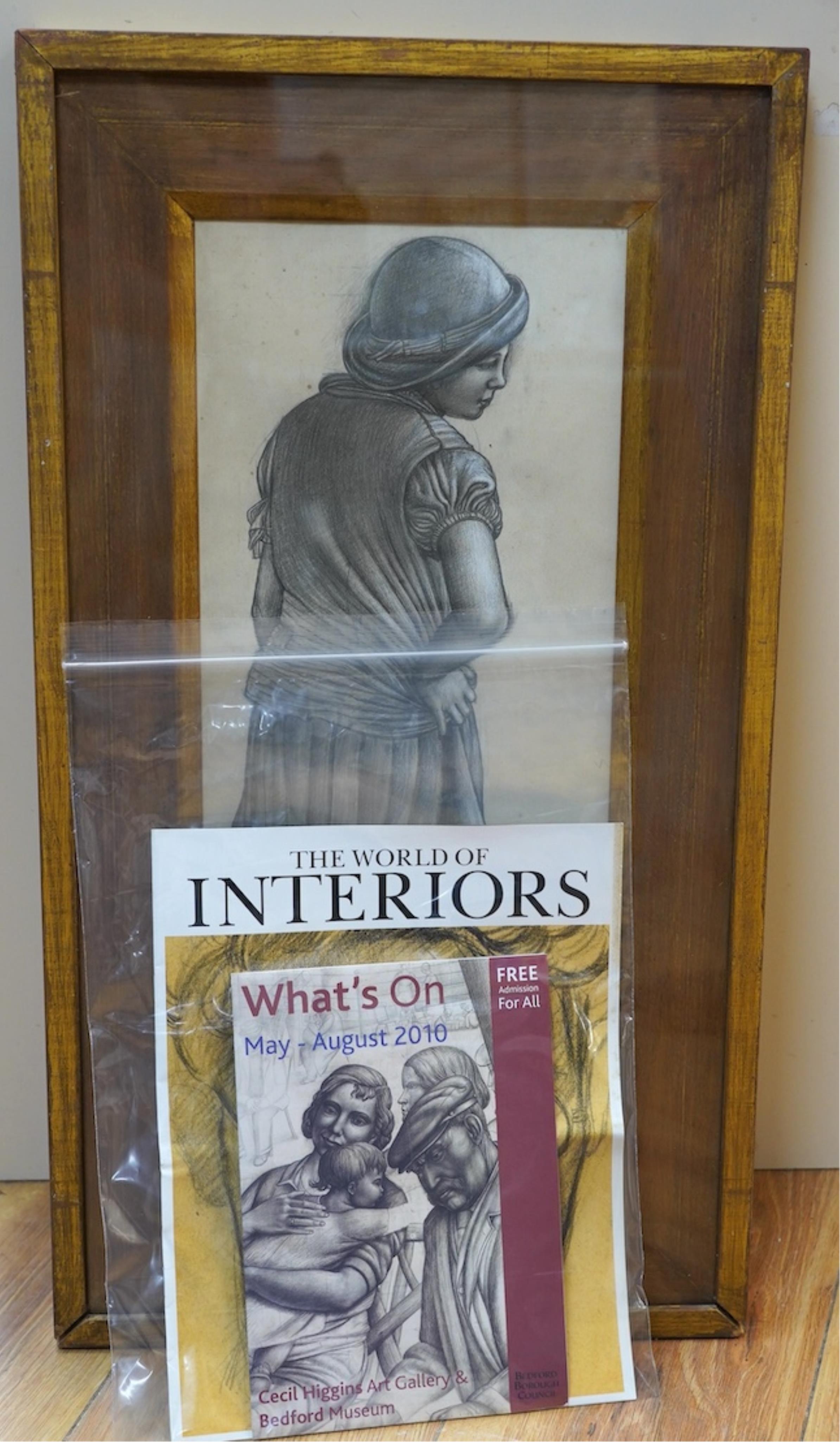Stanley Lewis (1905-2009), pencil, ‘Study for Hyde Park in Summer - Standing girl, 1931’, with World of Interiors leaflet, Bedford Museum leaflet, Liss Fine Art, etc., 45 x 18cm. Condition - fair